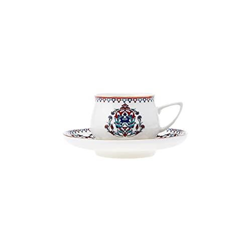 KARACA Nakkas Espresso Cup and Saucer Set for 6 People, 90 ml 3 oz Turkish Coffee Cups with Saucers, 12 Pieces, Mocha & Cappuccino Cups Made of Porcelain, Traditional Turkish Pattern, Dishwasher Safe