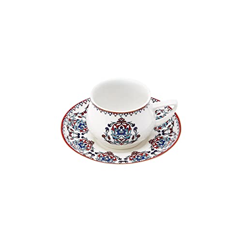KARACA Nakkas Espresso Cup and Saucer Set for 6 People, 90 ml 3 oz Turkish Coffee Cups with Saucers, 12 Pieces, Mocha & Cappuccino Cups Made of Porcelain, Traditional Turkish Pattern, Dishwasher Safe