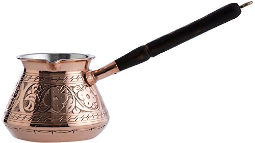 DEMMEX 2mm Thickest Copper Turkish Greek Arabic Coffee Pot Engraved  Stovetop Coffee Maker Cezve Ibrik Briki with Wooden Handle & Spoon, for 3  People
