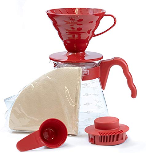 Hario Pour Over Coffee Starter Set Coffee Dripper Set Dripper, Glass Server, Scoop and Filters Size 02, Red