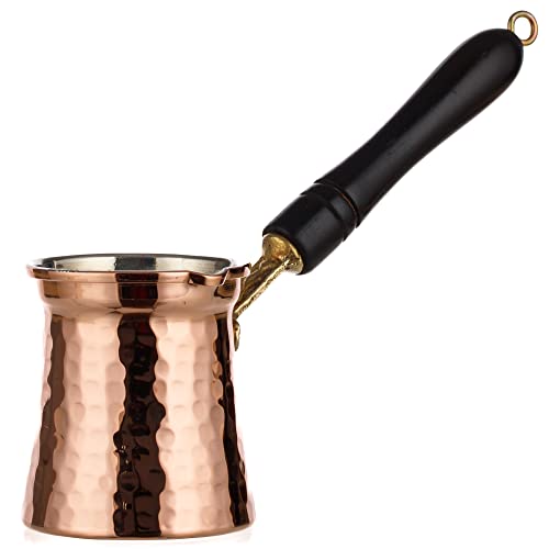 DEMMEX Turkish Greek Copper Coffee Pot Stovetop Cezve Ibrik Briki for 2-3 Demitasse Cups, Wooden Handle, 100% Handmade in Turkey (Hammered Copper)