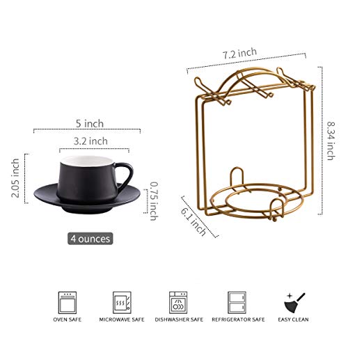 YHOSSEUN Coffee Cup Set Espresso Cups with Saucers Set with Cup Holder 4 oz Espresso Cup Set of 6 - Demitasse Cups Black