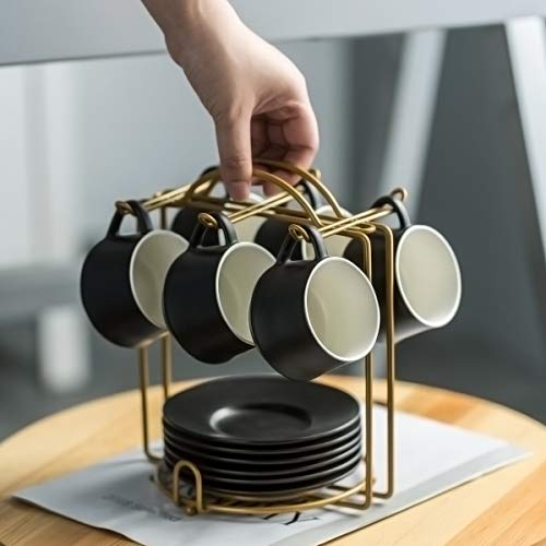 YHOSSEUN Coffee Cup Set Espresso Cups with Saucers Set with Cup Holder 4 oz Espresso Cup Set of 6 - Demitasse Cups Black