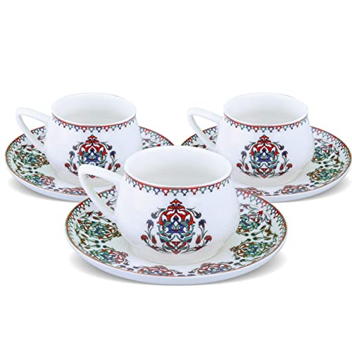 KARACA Nakkas Espresso Cup and Saucer Set for 6 People, 90 ml 3 oz Turkish Coffee Cups with Saucers, 12 Pieces, Mocha & Cappuccino Cups Made of Porcelain, Traditional Turkish Pattern, Dishwasher Safe