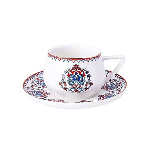 KARACA Nakkas Espresso Cup and Saucer Set for 6 People, 90 ml 3 oz Turkish Coffee Cups with Saucers, 12 Pieces, Mocha & Cappuccino Cups Made of Porcelain, Traditional Turkish Pattern, Dishwasher Safe