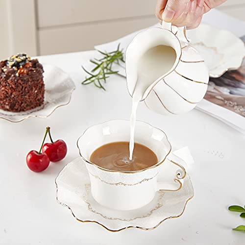 DUJUST Tea Cups and Saucers Set of 6 (8.5 OZ), Luxury Tea Cup Set with Golden Trim, Relief Printing Coffee Cups with Metal Stand, British Royal Porcelain Tea Party Set - White