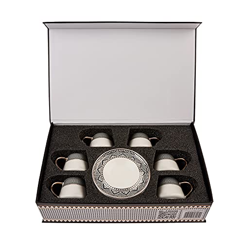 KARACA Globe Turkish Coffee Cups and Saucer for 6 People, 12 Pieces, 90 ml Espresso Turkish Coffee Demitasse Set of 6 Cups & Saucers Made of Porcelain, 3 oz Espresso&Turkish Coffee Cups with Saucers