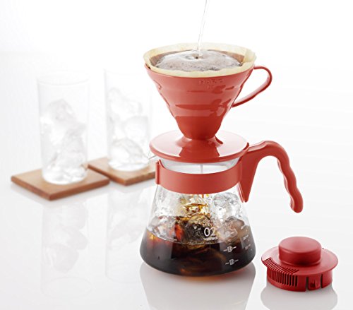 Hario Pour Over Coffee Starter Set Coffee Dripper Set Dripper, Glass Server, Scoop and Filters Size 02, Red