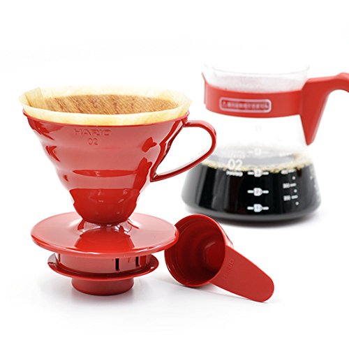 Hario Pour Over Coffee Starter Set Coffee Dripper Set Dripper, Glass Server, Scoop and Filters Size 02, Red