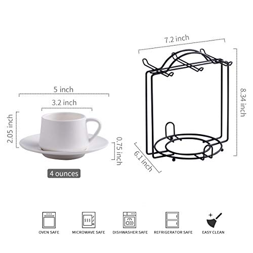 YHOSSEUN Espresso Cups with Saucers and Metal Stand Coffee Cup Set of 6 4 oz Cappuccino Cups Teacup for Tea Party - White Espresso Cup Set