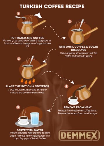 DEMMEX 2mm Thickest Copper Turkish Greek Arabic Coffee Pot Engraved Stovetop Coffee Maker Cezve Ibrik Briki with Wooden Handle & Spoon, for 3 People (Copper)