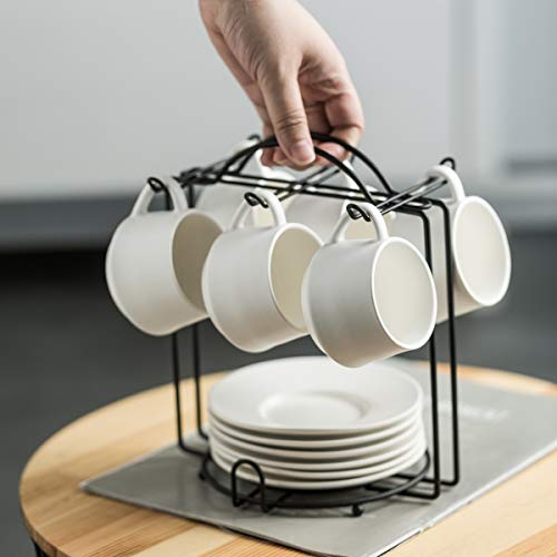 YHOSSEUN Espresso Cups with Saucers and Metal Stand Coffee Cup Set of 6 4 oz Cappuccino Cups Teacup for Tea Party - White Espresso Cup Set