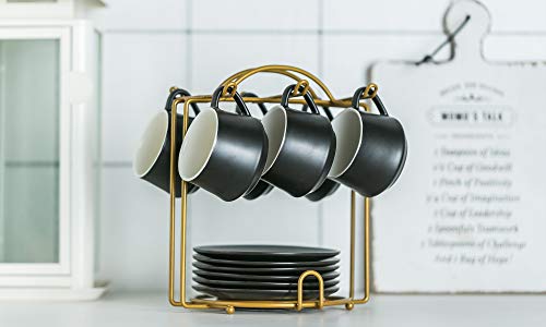 YHOSSEUN Coffee Cup Set Espresso Cups with Saucers Set with Cup Holder 4 oz Espresso Cup Set of 6 - Demitasse Cups Black
