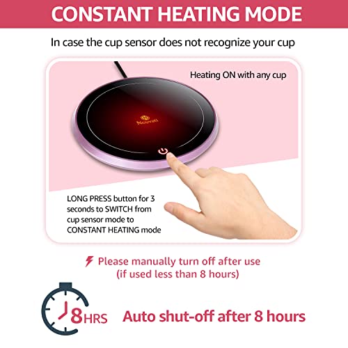 Nouvati Candle Warmer/Coffee Warmer with Mug Set: Excellent Heating, Auto Shut-Off, 2 Heating Modes; Coffee Warmer for Desk; Tea Gift Set; Coffee Gift Set; Cute Coffee Mug with Lid (Pink Cat)