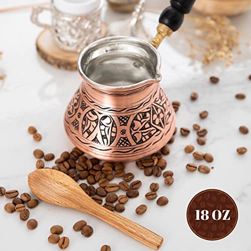 Erbulus 18 Oz Copper Large Turkish Greek Arabic Coffee Pot with Fortune App and Wooden Handle (6 cups), Cezve Turkish Coffee Pot, Ibrik, Briki Greek Coffee Pot, Hammered Turkish Coffee Maker