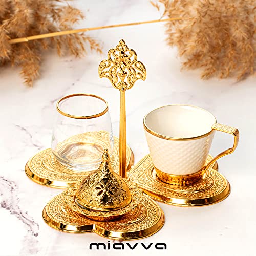Turkish Coffee Cup Set for One Person with Water Glass and Candy Dish and Serving Tray, Espressso Cup, (Premium Gold)
