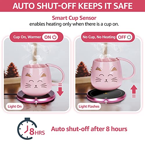 Nouvati Candle Warmer/Coffee Warmer with Mug Set: Excellent Heating, Auto Shut-Off, 2 Heating Modes; Coffee Warmer for Desk; Tea Gift Set; Coffee Gift Set; Cute Coffee Mug with Lid (Pink Cat)