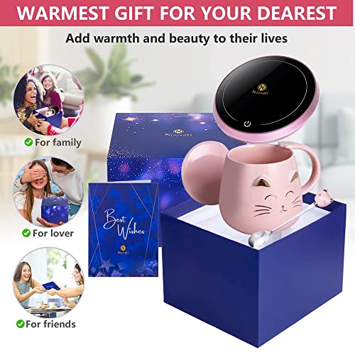 Nouvati Candle Warmer/Coffee Warmer with Mug Set: Excellent Heating, Auto Shut-Off, 2 Heating Modes; Coffee Warmer for Desk; Tea Gift Set; Coffee Gift Set; Cute Coffee Mug with Lid (Pink Cat)