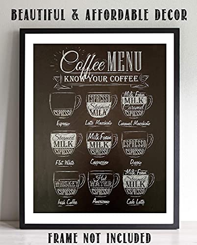 "Coffee Menu- Know Your Coffee"- Chalk Coffee Sign Replica- 8 x 10"s Print Wall Art- Ready to Frame. Home Décor-Coffee Decor-Kitchen Wall Decor. Perfect For Coffee Bar and Gift for the Coffee Lovers.