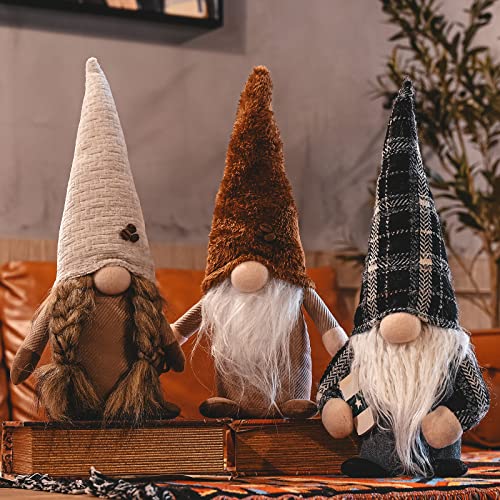 unanscre Coffee Gnomes Coffee Bar Decoration - 3Pcs 14‘’ Plaid Plush Elf Gnomes Coffee Swedish Tomte Dolls Scandinavian Figurines Nordic Tiered Tray Table Decor for Home Office Kitchen