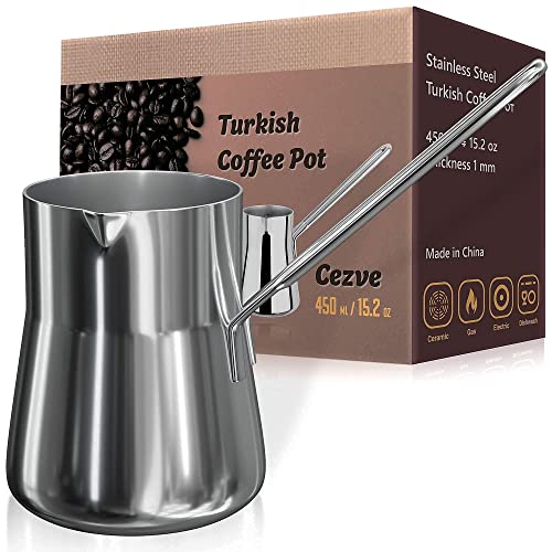 Turkish Coffee Pot - Warmer milk - Greek Arabic Cezve Ibrik Briki Coffee Pot - Stainless Steel 15 oz Espresso Coffee Decanter - Coffee Maker