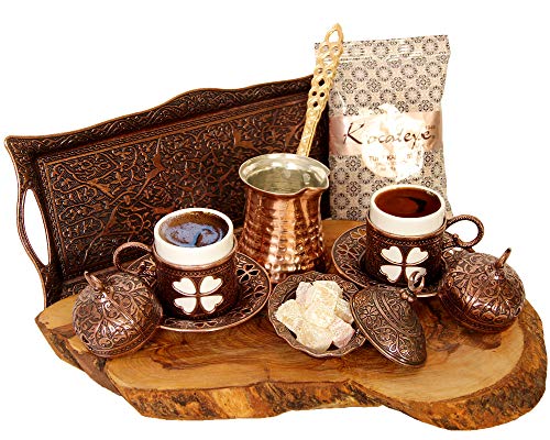 Turkish Luxury Ottoman Coffee & Espresso Set of 2 with Copper Coffee Pot and Kocatepe Turkish Coffee, Traditional Stylish Design, 13 Pieces (Antique Brown)