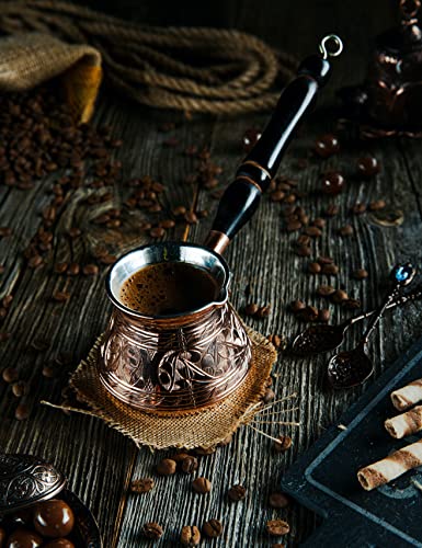 DEMMEX 2mm Thickest Copper Turkish Greek Arabic Coffee Pot Engraved Stovetop Coffee Maker Cezve Ibrik Briki with Wooden Handle & Spoon, for 3 People (Copper)