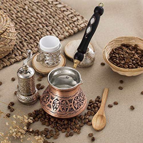 Erbulus 18 Oz Copper Large Turkish Greek Arabic Coffee Pot with Fortune App and Wooden Handle (6 cups), Cezve Turkish Coffee Pot, Ibrik, Briki Greek Coffee Pot, Hammered Turkish Coffee Maker