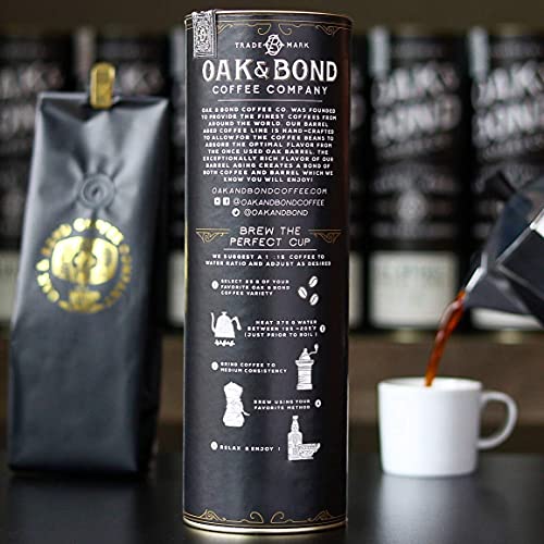 Kentucky Bourbon Whiskey Barrel Aged Coffee, Brazil Single Origin Whole Coffee Bean, Medium Roast w/ Flavor Notes of Chocolate, Caramel, Mandarin Orange, Sweet Bourbon by Oak & Bond Coffee Co. – 10oz.