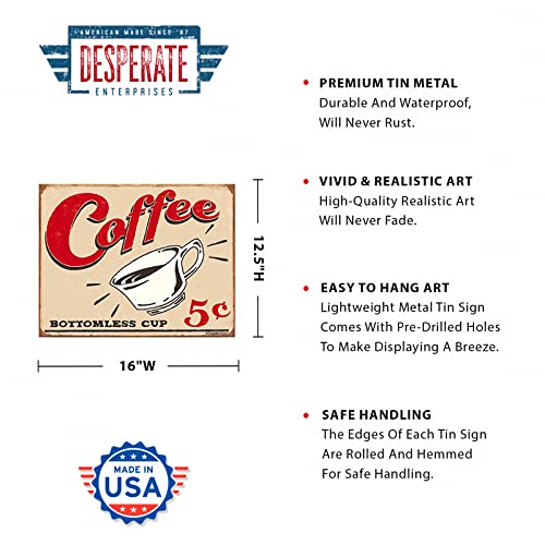 Desperate Enterprises Schonberg - Coffee 5 Cents Tin Sign - Nostalgic Vintage Metal Wall Decor - Coffee Décor for Coffee Bar - Kitchen Wall Decorations - Made in USA