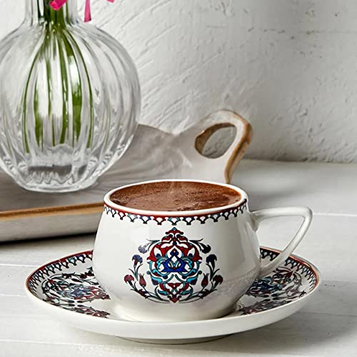 KARACA Nakkas Espresso Cup and Saucer Set for 6 People, 90 ml 3 oz Turkish Coffee Cups with Saucers, 12 Pieces, Mocha & Cappuccino Cups Made of Porcelain, Traditional Turkish Pattern, Dishwasher Safe