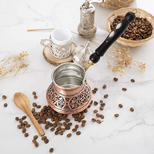 Erbulus 18 Oz Copper Large Turkish Greek Arabic Coffee Pot with Fortune App and Wooden Handle (6 cups), Cezve Turkish Coffee Pot, Ibrik, Briki Greek Coffee Pot, Hammered Turkish Coffee Maker