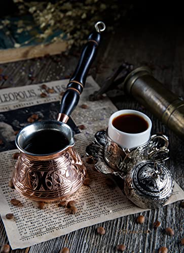 DEMMEX 2mm Thickest Copper Turkish Greek Arabic Coffee Pot Engraved Stovetop Coffee Maker Cezve Ibrik Briki with Wooden Handle & Spoon, for 3 People (Copper)