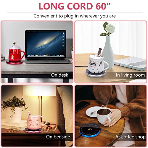 Nouvati Candle Warmer/Coffee Warmer with Mug Set: Excellent Heating, Auto Shut-Off, 2 Heating Modes; Coffee Warmer for Desk; Tea Gift Set; Coffee Gift Set; Cute Coffee Mug with Lid (Pink Cat)