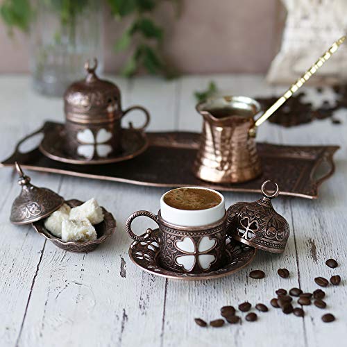 Turkish Luxury Ottoman Coffee & Espresso Set of 2 with Copper Coffee Pot and Kocatepe Turkish Coffee, Traditional Stylish Design, 13 Pieces (Antique Brown)