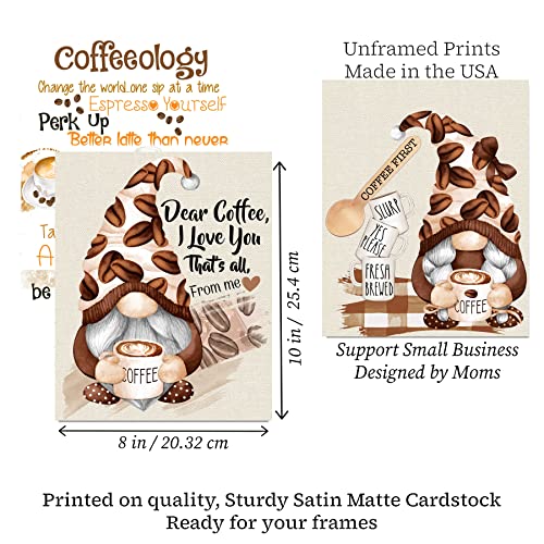 Silly Goose Gifts Coffee Gnome Themed Wall Art Decor Kitchen Room Sign Decoration Poster Set Pictures Unframed (4pc)