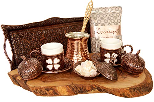 Turkish Luxury Ottoman Coffee & Espresso Set of 2 with Copper Coffee Pot and Kocatepe Turkish Coffee, Traditional Stylish Design, 13 Pieces (Antique Brown)