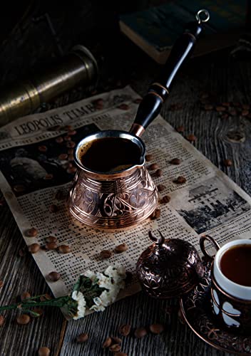 DEMMEX 2mm Thickest Copper Turkish Greek Arabic Coffee Pot Engraved Stovetop Coffee Maker Cezve Ibrik Briki with Wooden Handle & Spoon, for 3 People (Copper)