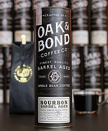 Kentucky Bourbon Whiskey Barrel Aged Coffee, Brazil Single Origin Whole Coffee Bean, Medium Roast w/ Flavor Notes of Chocolate, Caramel, Mandarin Orange, Sweet Bourbon by Oak & Bond Coffee Co. – 10oz.