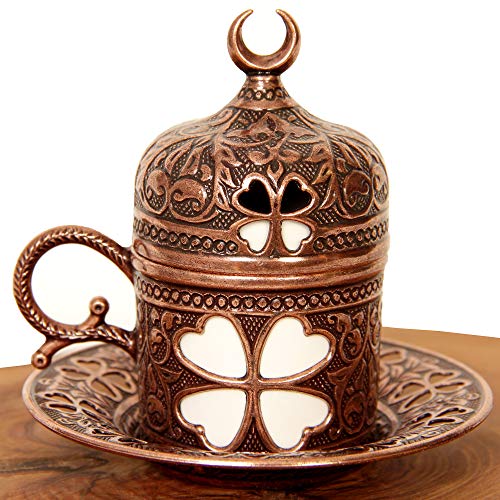 Turkish Luxury Ottoman Coffee & Espresso Set of 2 with Copper Coffee Pot and Kocatepe Turkish Coffee, Traditional Stylish Design, 13 Pieces (Antique Brown)