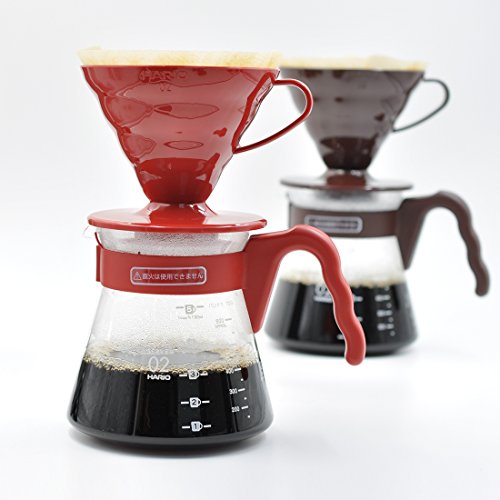Hario Pour Over Coffee Starter Set Coffee Dripper Set Dripper, Glass Server, Scoop and Filters Size 02, Red