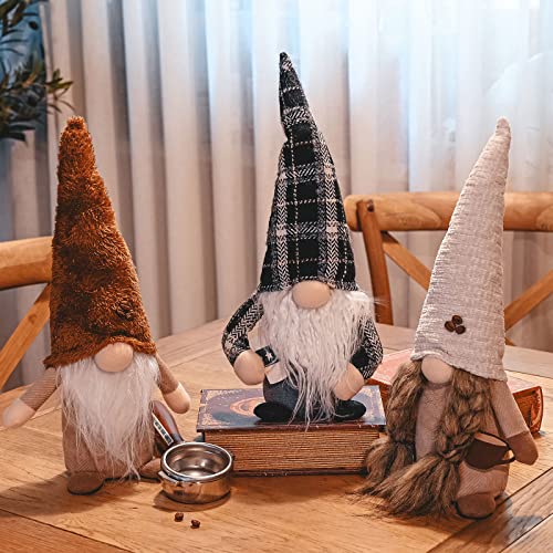 unanscre Coffee Gnomes Coffee Bar Decoration - 3Pcs 14‘’ Plaid Plush Elf Gnomes Coffee Swedish Tomte Dolls Scandinavian Figurines Nordic Tiered Tray Table Decor for Home Office Kitchen