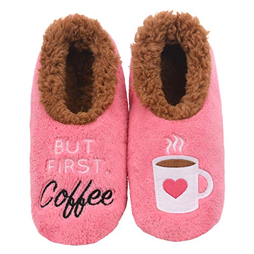 Snoozies Pairable Slipper Socks | House Slippers for Women, Fuzzy Slipper Socks |ith Unique Designs, Non Slip Socks - But First Coffee - Small