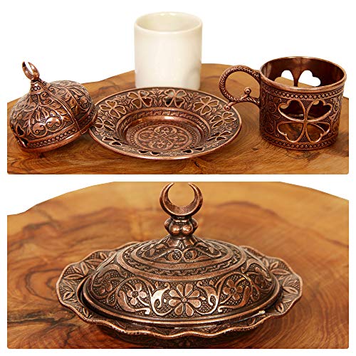 Turkish Luxury Ottoman Coffee & Espresso Set of 2 with Copper Coffee Pot and Kocatepe Turkish Coffee, Traditional Stylish Design, 13 Pieces (Antique Brown)