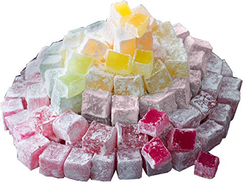Cerez Pazari Turkish Delight with Rose, Orange and Lemon Mix Flavours 8.1 Oz Gourmet Small Size Snacks Gift Box, No Nuts Sweet Traditional Confectionery Vegan Candy Dessert Lokum Loukoumi Approx.40Pcs