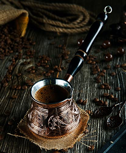 DEMMEX 2mm Thickest Copper Turkish Greek Arabic Coffee Pot Engraved Stovetop Coffee Maker Cezve Ibrik Briki with Wooden Handle & Spoon, for 3 People (Copper)