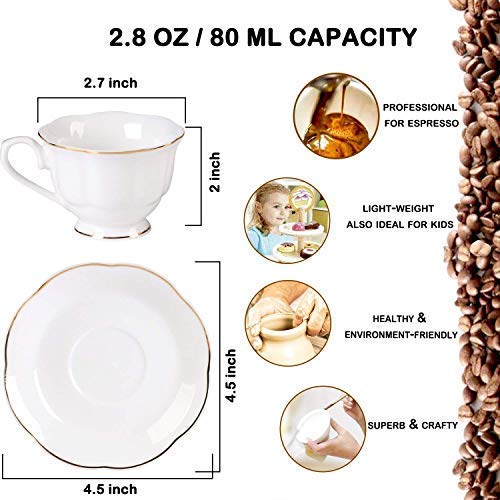 GuangYang 12 Pieces (Tiny Style) Mini Porcelain Espresso Cups with Saucers - 2.5 Ounces Coffee Cup and Saucer set of 6, 80cc,White
