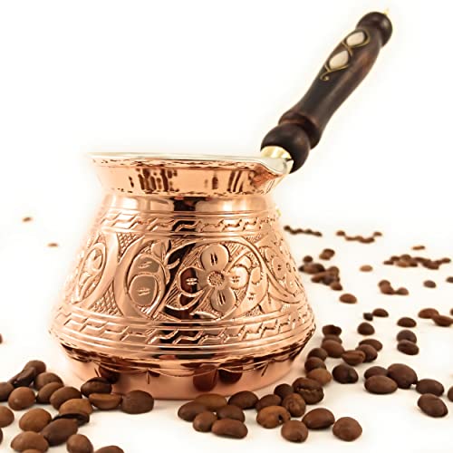 The Silk Road Trade - ACI Series (Medium) - Thickest Solid Engraved Copper Turkish Greek Arabic Coffee Pot with Wooden Handle / Stovetop Coffee Maker, Jazzve, Cezve, Ibrik, Briki, Café Turco(13 fl oz)