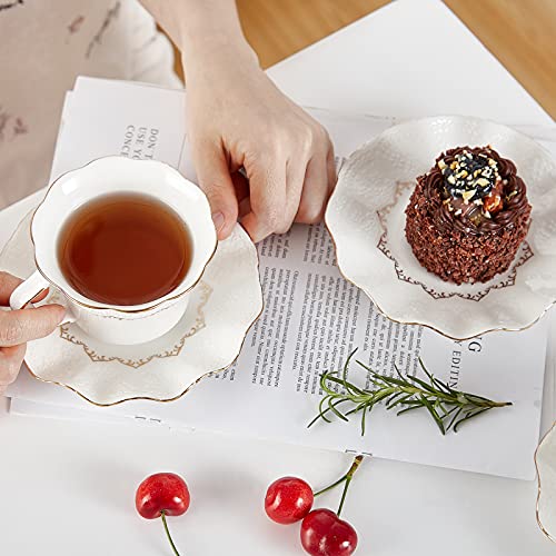 DUJUST Tea Cups and Saucers Set of 6 (8.5 OZ), Luxury Tea Cup Set with Golden Trim, Relief Printing Coffee Cups with Metal Stand, British Royal Porcelain Tea Party Set - White
