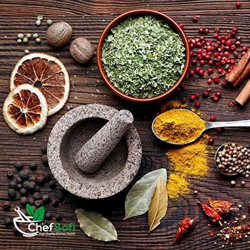 ChefSofi Mortar and Pestle Set - 6 Inch - 2 Cup Capacity - Unpolished Heavy Granite for Enhanced Performance and Organic Appearance - Included: Anti-Scratch Protector